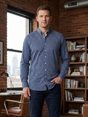 Men's Blue Printed Button-Down Shirt